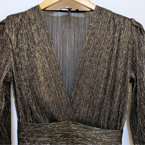 MAJE RUNNY BLACK GOLD SILVER METALLIC V-NECK LONG SLEEVE DRAPE MINI DRESS - Picture 5 of 12